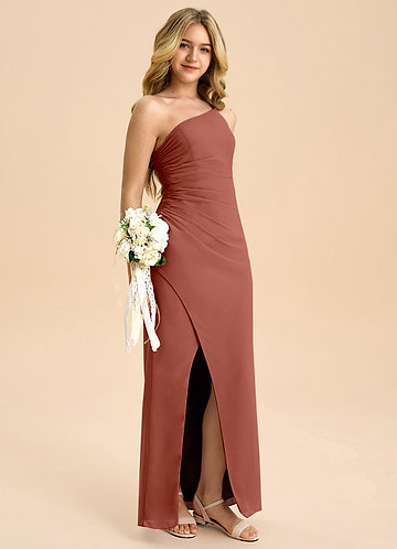 Azazie Eren Junior Vestido Castanho Aloirado de Chiffon de Linha A com Plissado image1