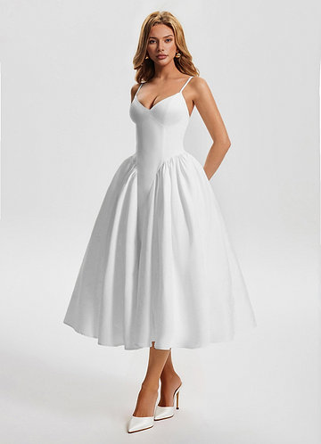 white modest dresses for women FARES Textured Bow Detail Dress 56in Dress Measurements Modest White Dresses | Azazie