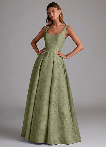 Azazie Amalie Brudtärneklänningar Klä av A-Linje i Blommig Utbrändhet Plisserad Pistasch image1