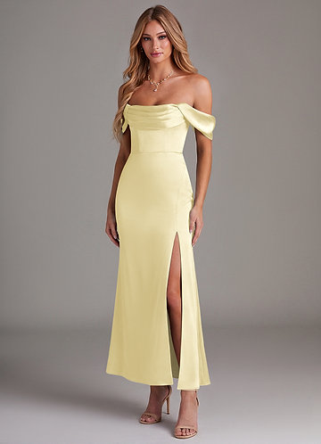 Azazie Saige Bridesmaid Dresses Vestido Sorvete De Limão de Cetim elástico de sereia com Fora do ombro image1