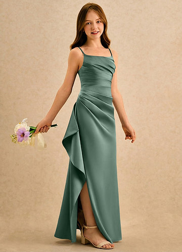 Azazie Cannoli Girls Formal Flower Girl Dresses Eucalyptus A-Line Pleated Matte Satin Dress image1