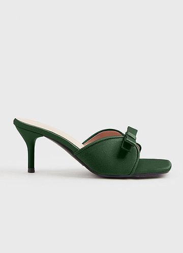 front Matching Color Metallic Satin Bow Kitten Heels