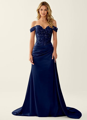 Nerine Marineblau Meerjungfrauen-Abendkleid mit Spitzenkorsett und Schnürung am Rücken image1