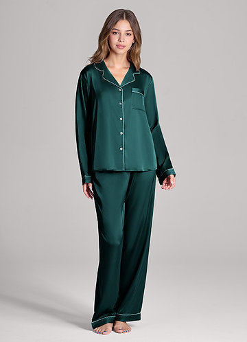 front Matching Color Long Sleeves and Pants Satin PJ Set