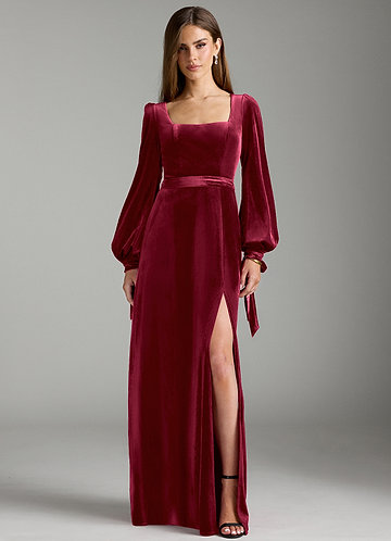 Azazie Leonia Bridesmaid Dresses Burgundy A-Line Long Sleeve Velvet Dress image1