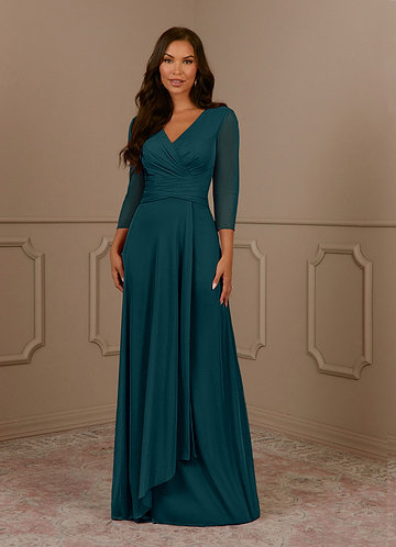 Azazie Annetta Mother of the Bride Dresses Pine A-Line V-Neck Pleated Mesh Dress image1