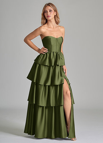 Azazie Faye Bridesmaid Dresses Vestir Oliva de Cetim elástico de Linha A com Ruched image1