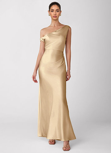 slim fit dress slacks Zapaka Women Metallic Satin Gold Prom Dress with Slit A Line Pleated V Neck Long Formal Dress, Golden / UK14