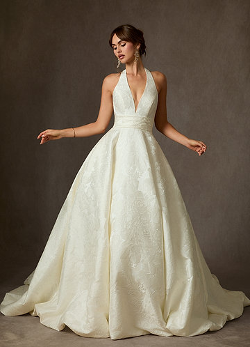 Azazie Saphira Wedding Dresses Antique White Ball-Gown with Pockets Floral Jacquard Dress image1