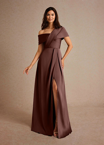 Azazie Milton Mother of the Brides Dresses Espresso A-Line Pleated Stretch Satin Dress image1