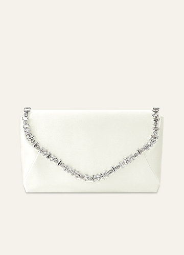 front Matching Color Crystal Trim Satin Evening Clutch Bag with Chain Strap