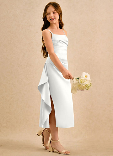 Azazie Canna Girls Formal Sukienki dla dziewczynek sypiących kwiaty Linia A Pofałdowany Satyna elastyczna Długość herbaty Sukienka image1