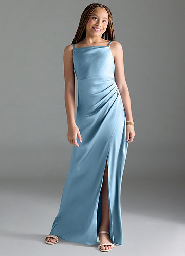 Azazie Leonis Junior Steel Blue A-Line Pleated Stretch Satin Dress image1