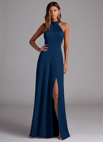 Azazie Myra Vestidos de Dama de Honor Vestido Azul Marinho de Cetim elástico de Linha A com Pescoço alto image1