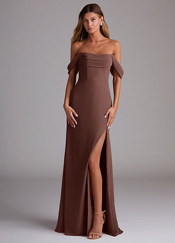 Azazie Saige Bridesmaid Dresses Vestido Café Expresso de Chiffon de Linha A com Fora do ombro image1