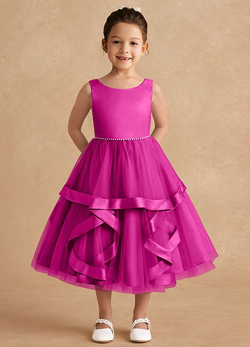 Azazie Posy Blumenkinder Kleider A-Linie Mit Perlen Tüll Kleid Fuchsia image1