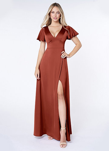 Azazie Lani Bridesmaid Dresses Terracotta A-Line Flounce Sleeve Stretch Satin Dress image1