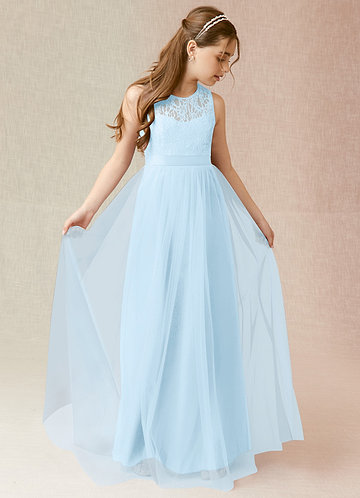 Azazie Georgette Junior Sky Blue A-Line Lace Tulle Dress image1