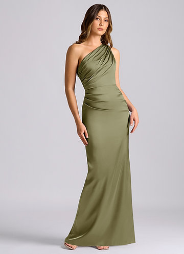 Azazie Akilah Bruidsmeisjes Jurken Jurk van Stretch Satijn met Zeemeermin One-Shoulder Pistache image1