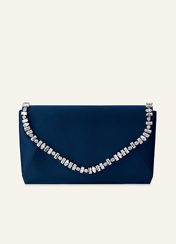 front Matching Color Crystal Trim Satin Evening Clutch Bag with Chain Strap