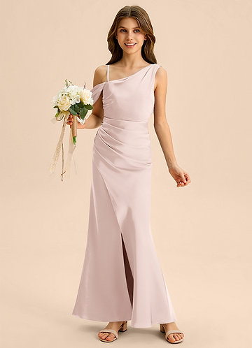 Azazie Madelyn Junior Osłona Zza ramienia Satyna elastyczna Długość podłogi Młodsza druhna Sukienka image1