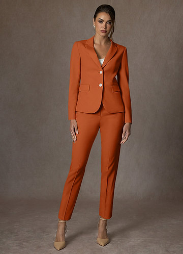 front Whitney Burnt Orange Structured Stretch Full Length Pants Suit