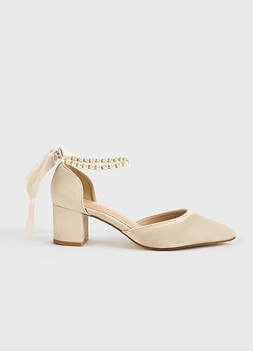 front Matching Color Matte Satin Pearl and Bow Pointed Toe Block Heels