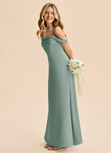 Azazie Lettie Junior Jurk van Stretch Satijn met A-Lijn Off the Shoulder Zilveren Salie image1