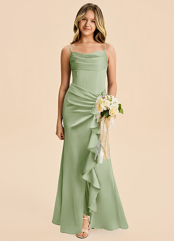 Azazie Rosalia Junior Dusty Sage Sheath Pleated Stretch Satin Dress image1