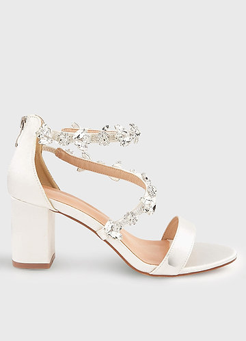 front Strappy Crystal Satin Block Heel Sandals