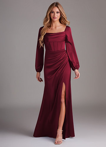 Azazie Charissa Bridesmaid Dresses Burgundy Sheath Long Sleeve Stretch Satin Dress image1