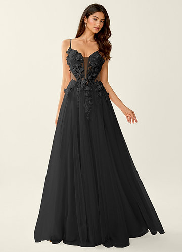 Eulalie Musta 3D-kukkia korsettityylinen nauhaselkäinen tanssiaismekko image1