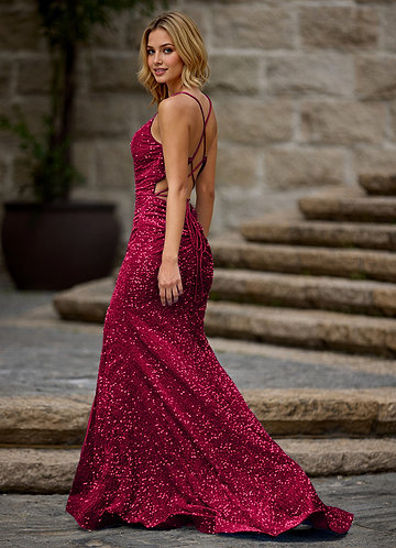 Luxey Burgundy Velvet Sequins Prom Dress image1