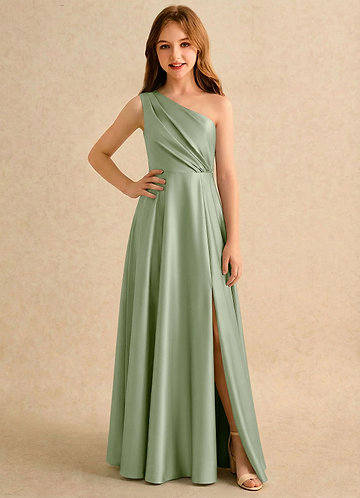 Azazie Puddles Girls Formal Klänningar för brudeflicka Klä A-Line i Stretch Satin Ena axeln image1