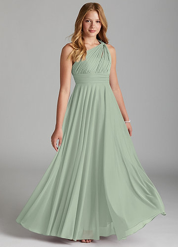 Azazie Charlize Junior Dusty Sage A-Line Mesh Dress image1