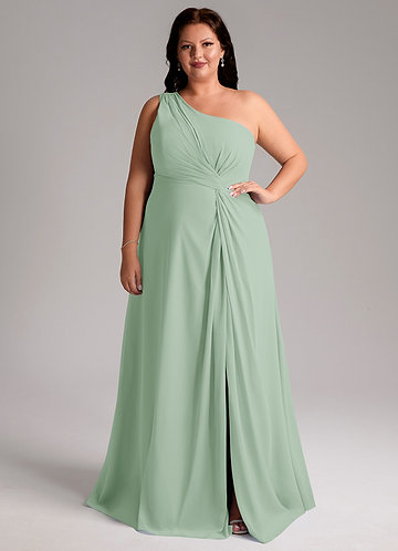 azazie agave bridesmaid dresses Agave A-line Lace Neck Cap Sleeves Ruffle Chiffon Long Bridesmaid Dress Agave / US 6