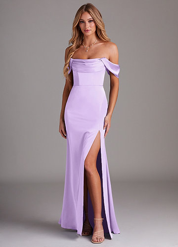 Azazie Saige Bridesmaid Dresses Lilac Sheath Off the Shoulder Stretch Satin Dress image1