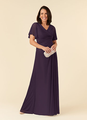 Azazie Emmeline Mother of the Brides Dresses Plum A-Line V-Neck Pleated Mesh Dress image1 0