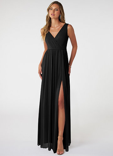 Azazie Tanicia Bridesmaid Dresses Black A-Line V-Neck Pleated Mesh Dress image1