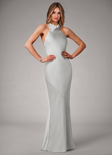 Velli Bridesmaid Dresses Silver Mermaid High Neck Stretch Satin Dress image1