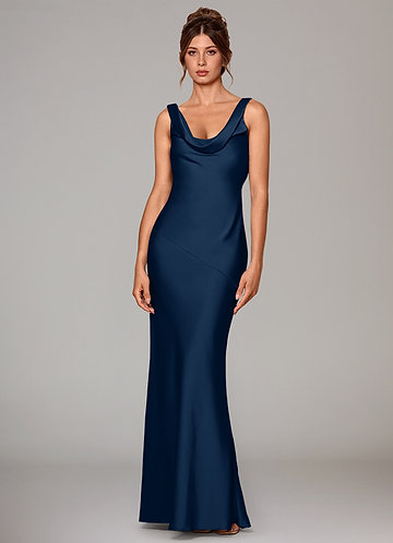 Azazie Rylina Vestidos Dama de Honor Vestido de Azul Marino Oscuro de Satén Elástico de Corte Sirena image1