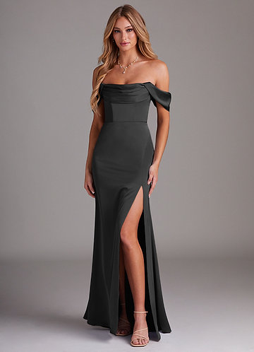 Azazie Saige Bridesmaid Dresses Black Sheath Off the Shoulder Stretch Satin Dress image1
