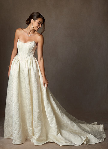Azazie Demetria Wedding Dresses Antique White Ball-Gown Strapless Floral Jacquard Dress image1