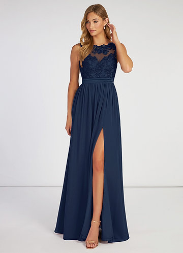 Elly Navy A-Line Lace Scoop Neck Chiffon Dress image1