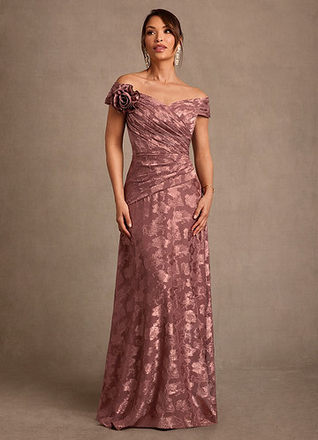 Azazie Bernadette 신부의 어머니 드레스 A라인 오프 더 숄더 플로럴 번아웃 플로어 길이 드레스 image1