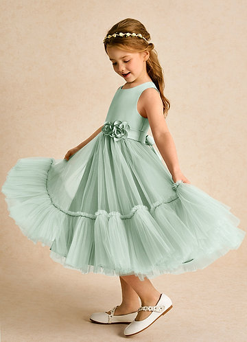 Azazie Miracle Flower Girl Dresses Agave A-Line Bow Matte Satin Dress image1