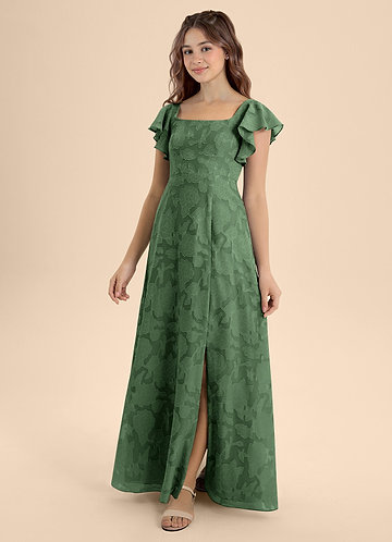 Azazie Bondi Junior Eucalyptus A-Line Bow Floral Burnout Dress image1