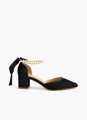 front Satin Pearl and Bow Pointed Toe Block Heels
