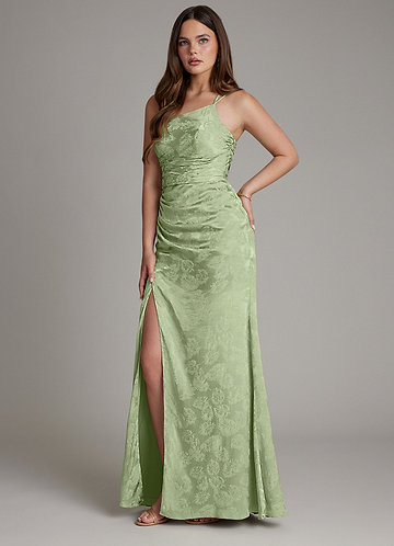green jacquard bridesmaid dress WEDTREND Women Sage Green Bridesmaid Dress with Slit Spaghetti Straps  Floral A Line Long Wedding Guest Dress main image 1