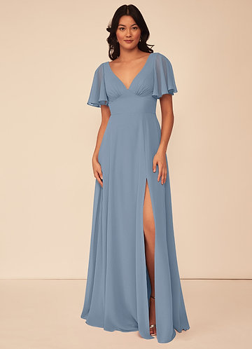 High Slit Long Sleeve Dusty Blue Beaded Prom Dress - Xdressy